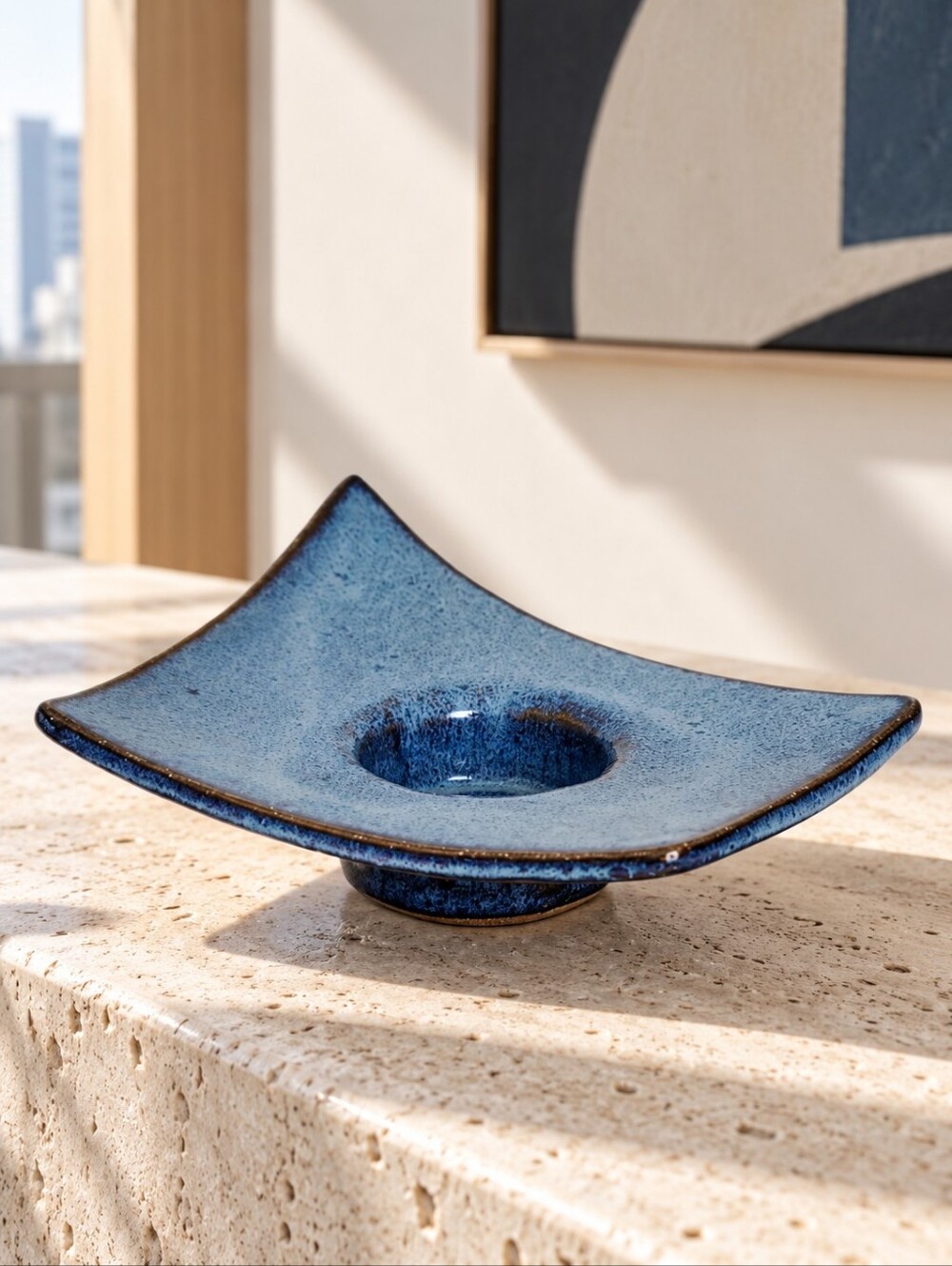 Wehring Signed Studio Pottery Blue Modernist Tealight Candle Holder 5.5"